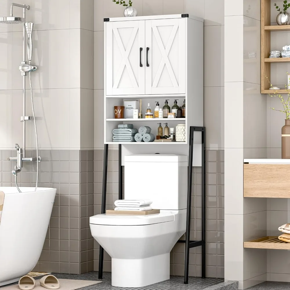 

Over The Toilet Storage Cabinet, Farmhouse Over Toilet Storage Cabinet, Metal Frame with 2 Barn Doors, Home Space-Saving Toilet