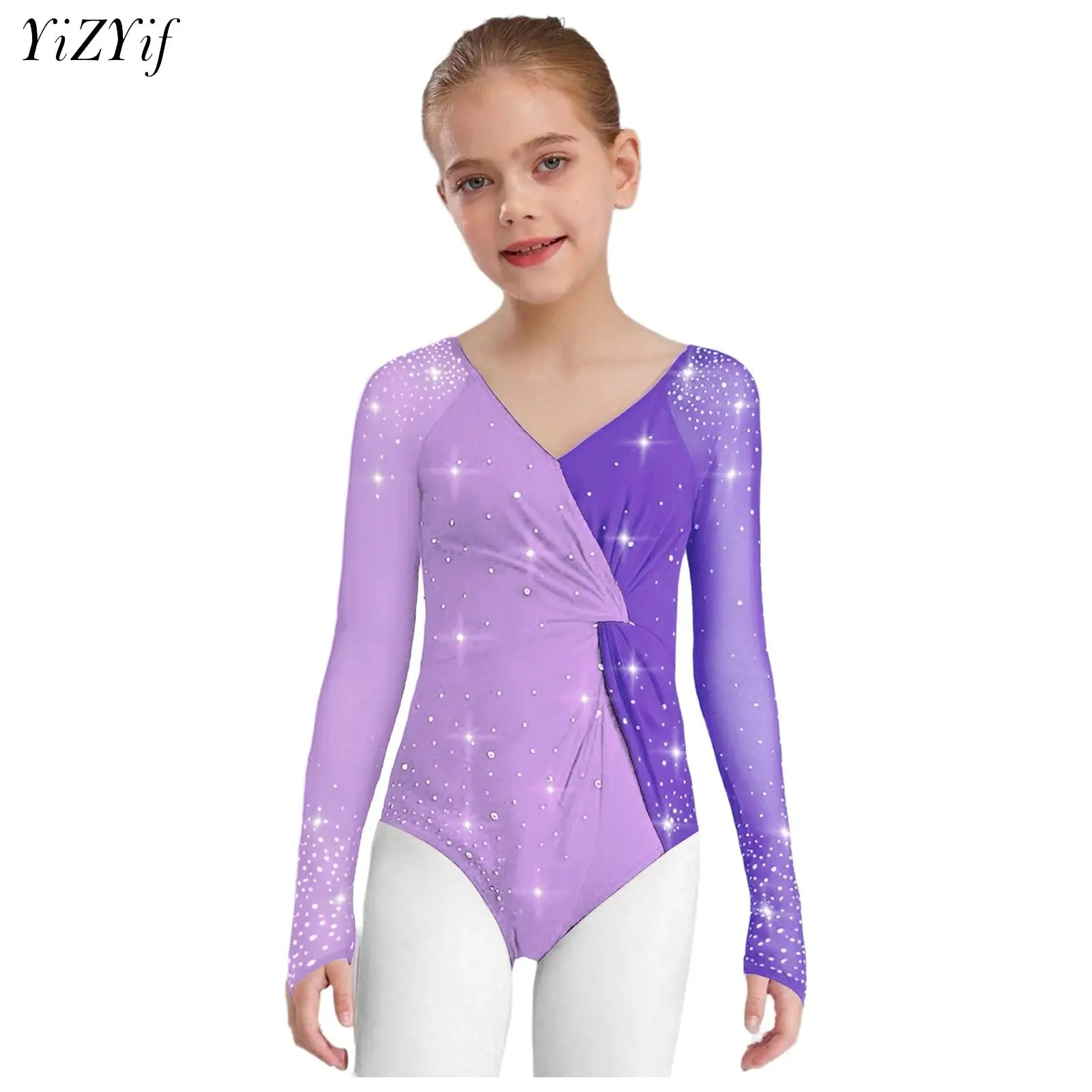 

Kids Girls Ballet Dance Leotard Gymnastics Jersey Performance Costume Sheer Mesh Long Sleeves Rhinestones Skating Bodysuit