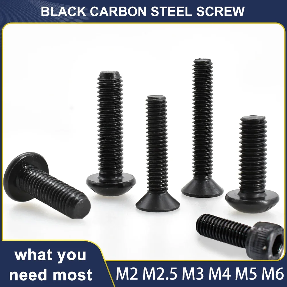 10/20/30/50/70/100PCS Carbon Steel Hexagon Socket Screws M2 M2.5 M3 M4 M5 M6 Countersunk/Round/Cup Head Black Hex Socket Screw