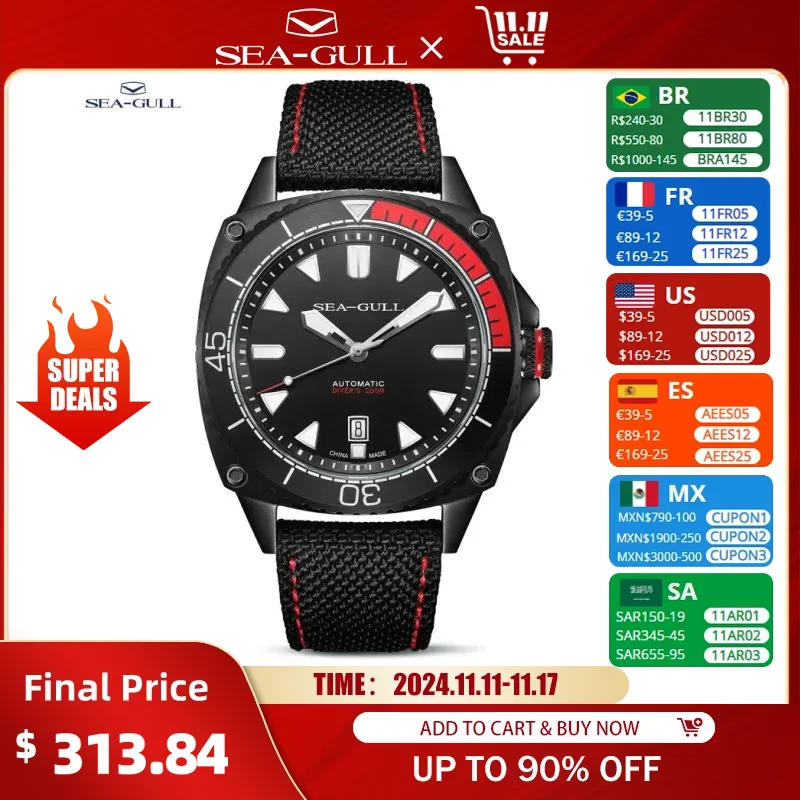 Seagull Mens Automatic Watches Dive Watch 200m Waterproof Mechanical Wristwatch Multi-function Luminous Sapphire Mirror 6057