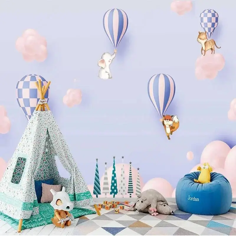 Custom 3D Mural Wallpaper Cartoon Hot Air Balloon Small Animal Children's Room Backdrop Wallpaper For Bedroom Papel De Parede