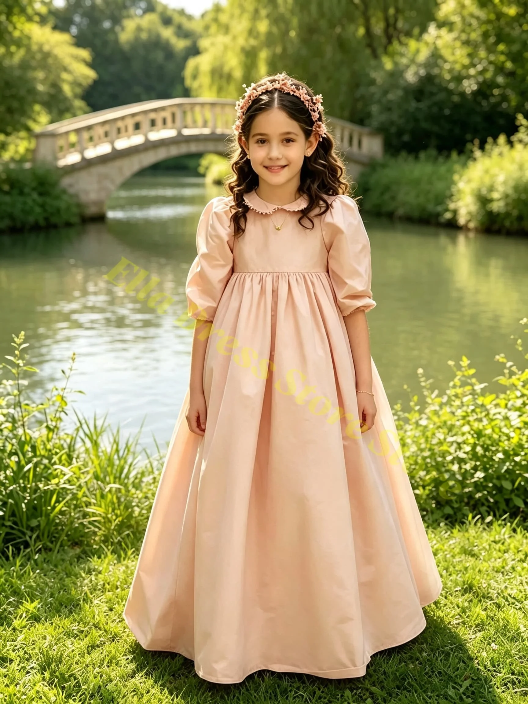 Maßgeschneidertes Mädchenkleid Blumenmädchenkleid für Hochzeit 3/4 Ärmel Rosa Hohe Taille Satin Geburtstagsfeier Erstkommunion Großhandel – Detail 3