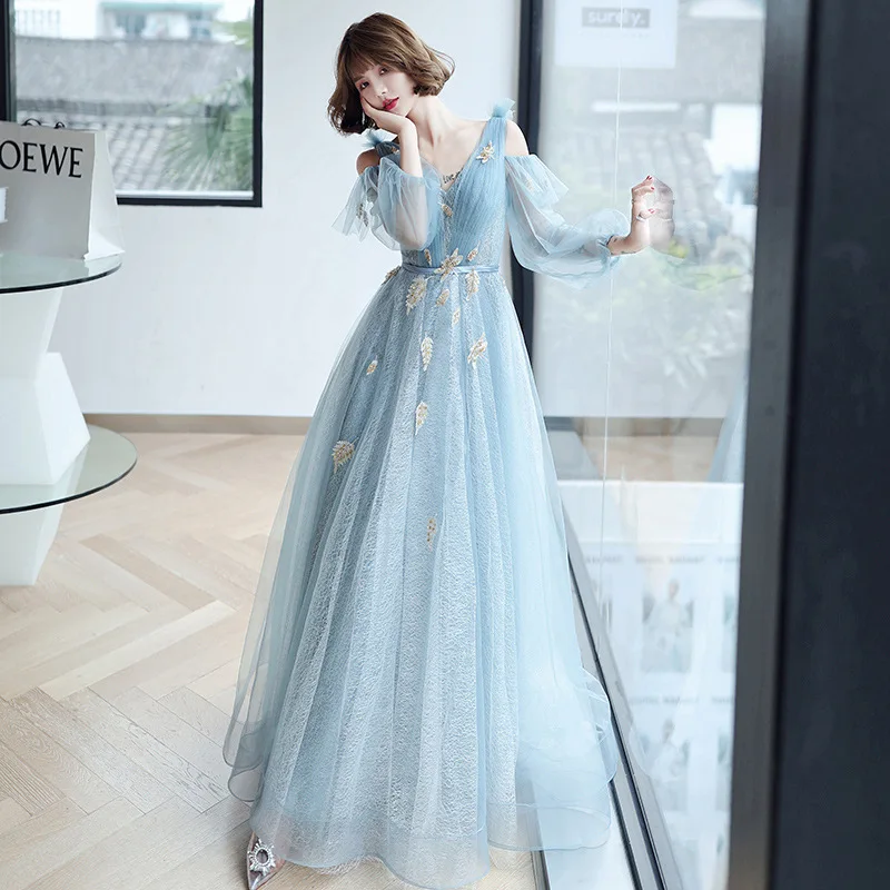 Gray Blue Princess Evening Dress Female Long Sleeve New Temperament Birthday Party Banquet Super Fairy Dream Graduation Dress