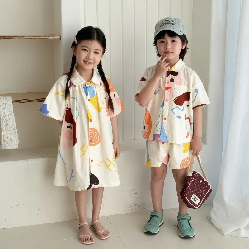 

Brother and Sister Outfit Children's Casual Shirt Set 2025 Summer New Item Baby Girl Short Sleeved Graffiti Cute Dress Cotton
