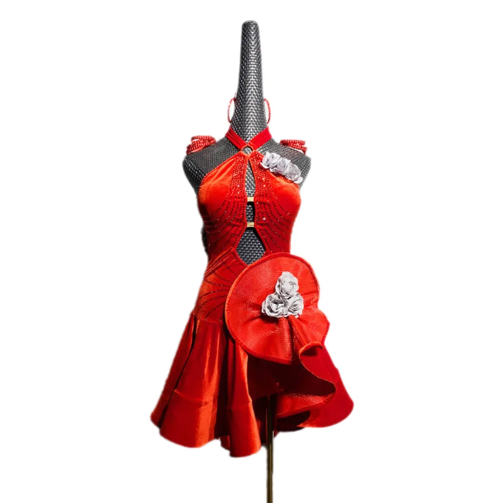 

Latin Dancer Adult Children High-End Custom Red Suede Dress Cha Cha Samba AB Stone Performance Dress