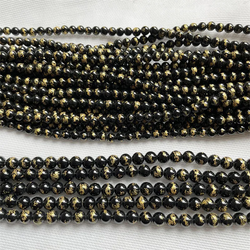 6MM 8MM Carved Loong Dragon Undye Organic Gem Black Agate Gemstone Minerals Healing Power Natural Stone Beads Jewelry DIY