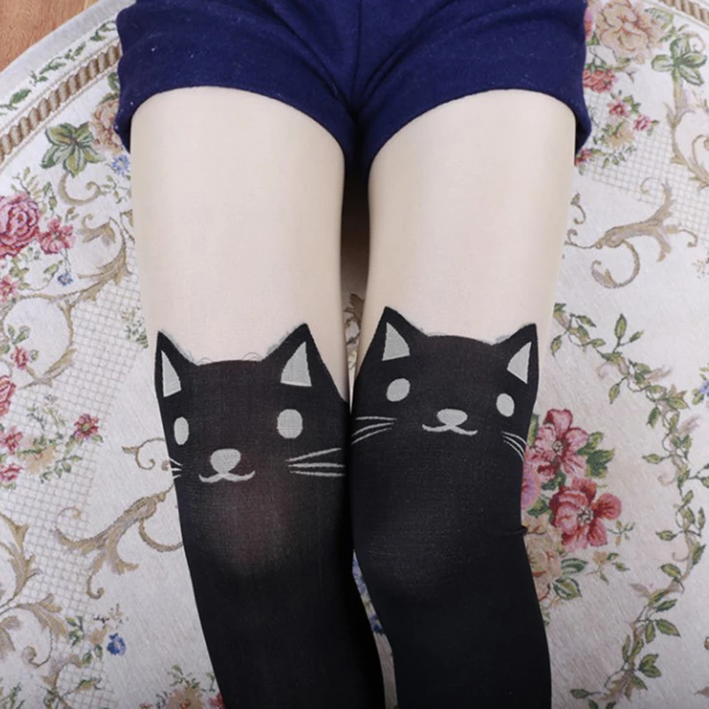 Cute Cartoon Cat Tail Meias para Mulheres, Meia-calça Fina, Tatuagem Meias, Moda Impressa Meias, Mais Novo, Quente