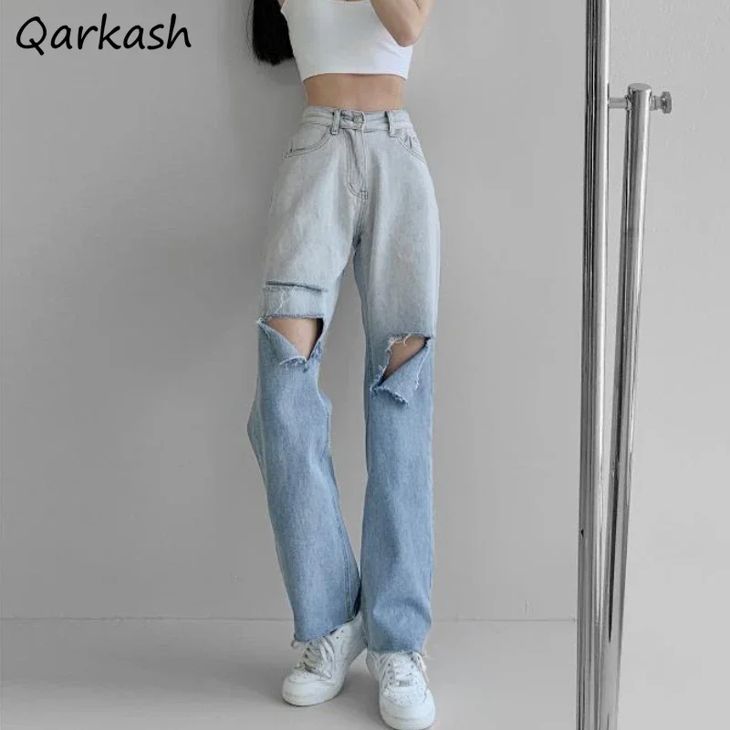 

Ripped Jeans Women Blue Gradient European American Streetwear Youth High Waist Straight Trousers Stylish Female Trousers Summer