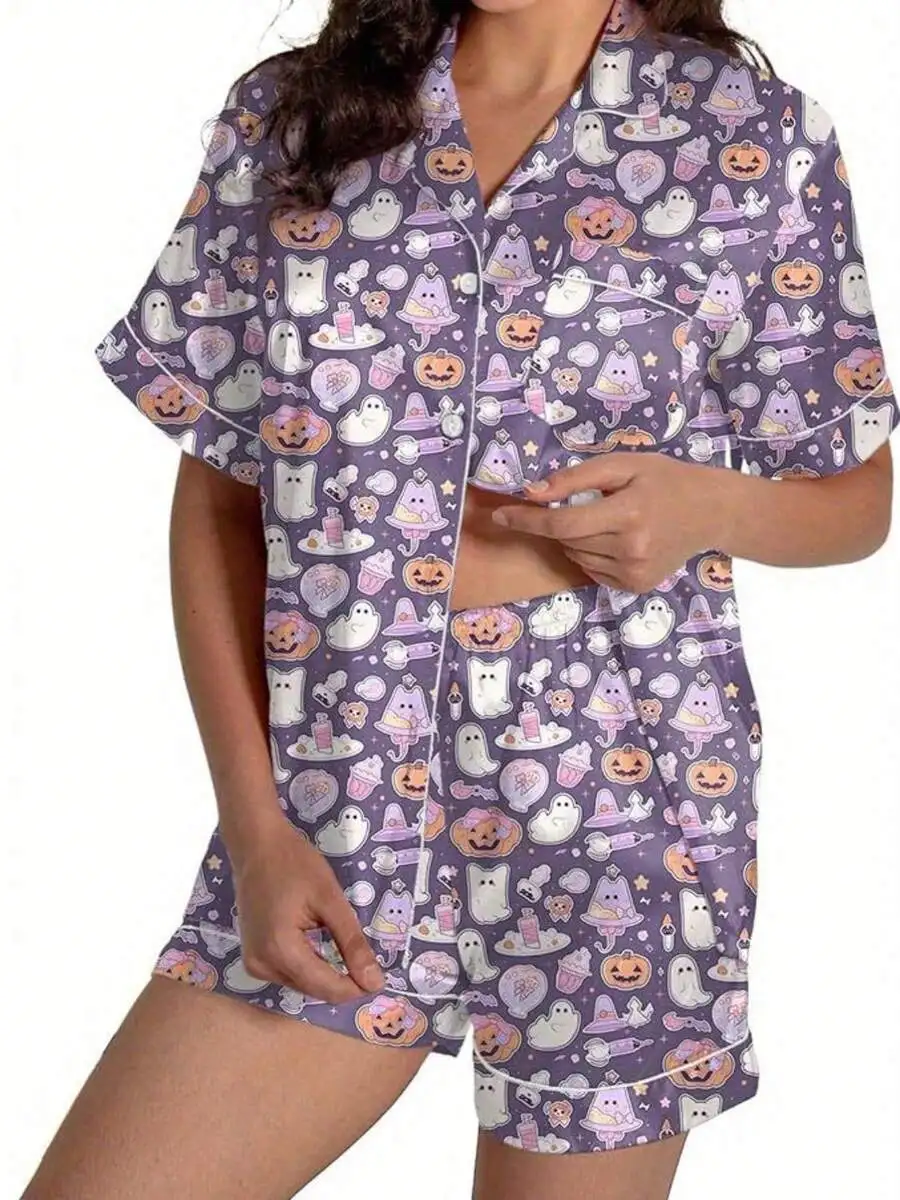 

Halloween Print Pajama Set For Women Short Sleeve V-Neck Shorts Cozy Sleepwear
