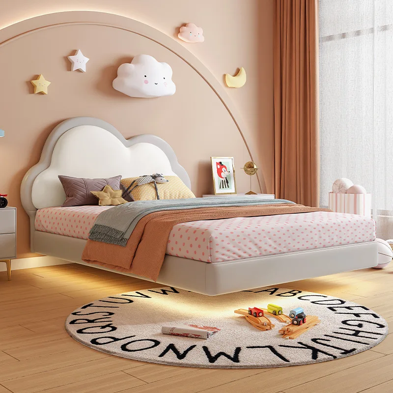 

Suspended Children's Bed Cloud Creativity 1.5m Nordic Single Bed Cream Wind Leather Art Boys and Girls' Soft Wrapped Bed