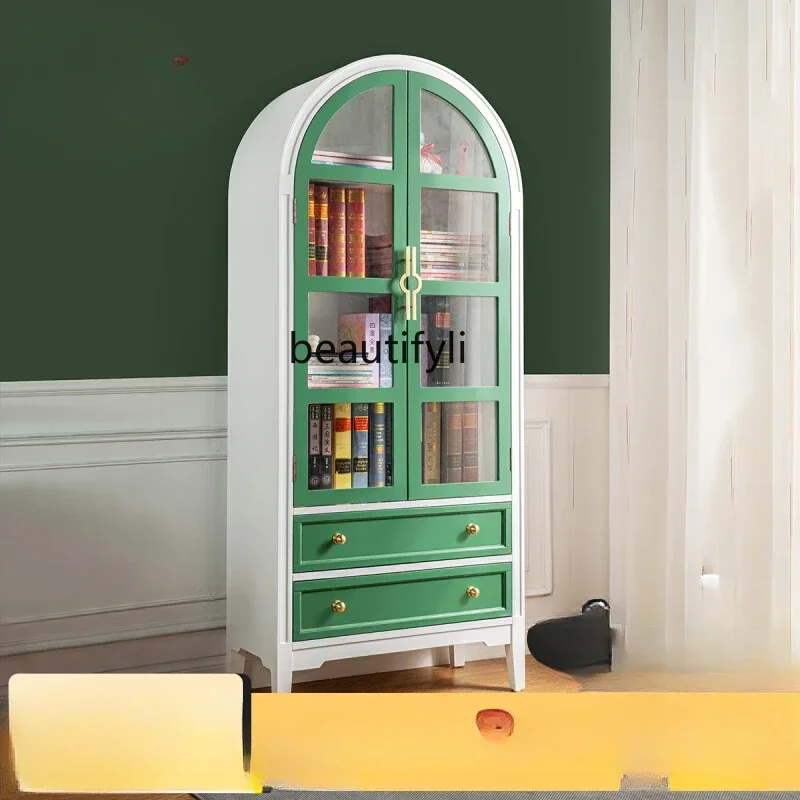 

05 FG17American Solid Wood Bookcase Storage Bookshelf Arched Glass Door Locker French Display Cabinet
