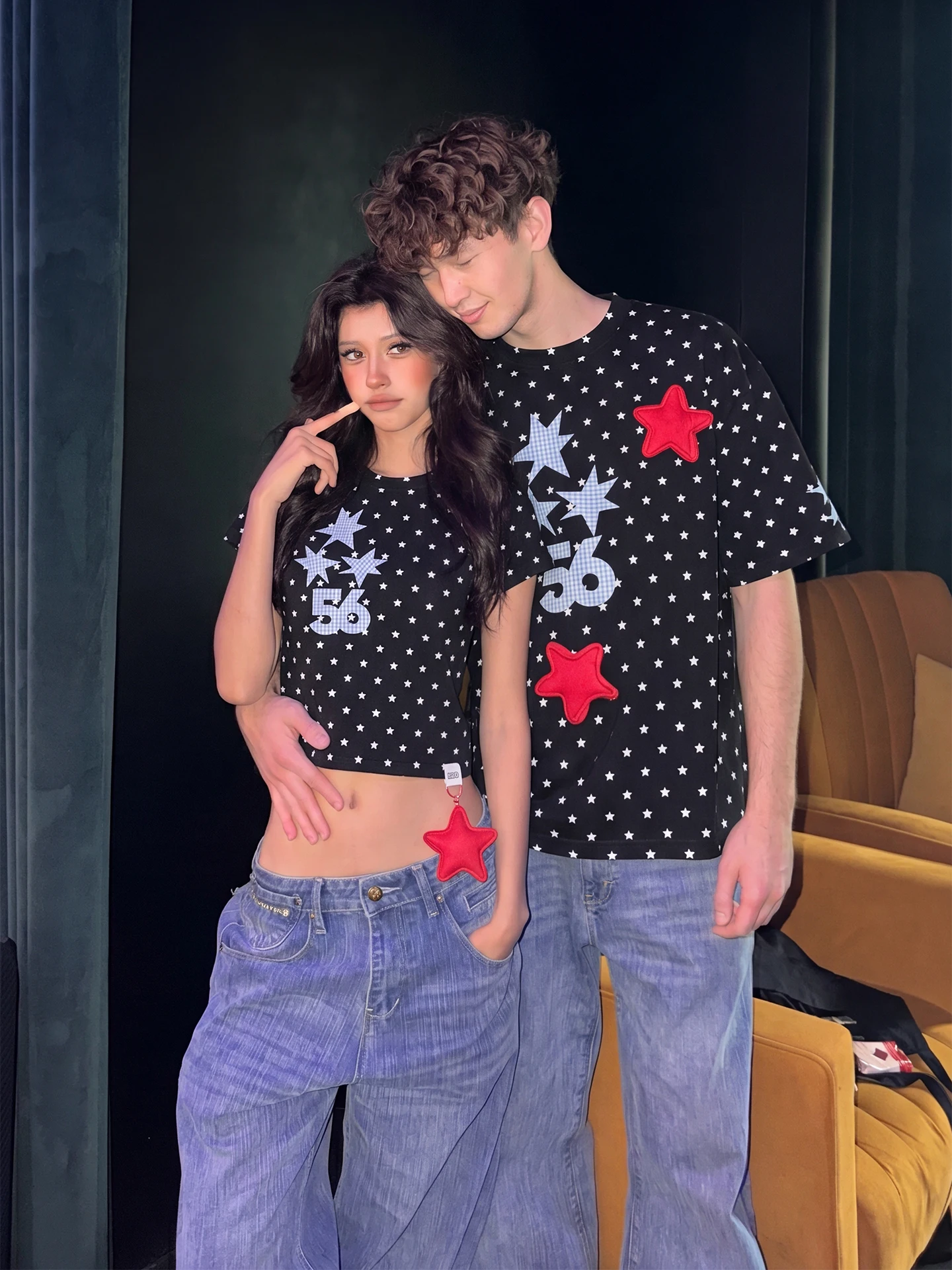 summer-trendy-sweet-print-star-short-sleeve-loose-fit-men's-women's-couples-t-shirt-breathable-cotton-polyester-blend-round-neck