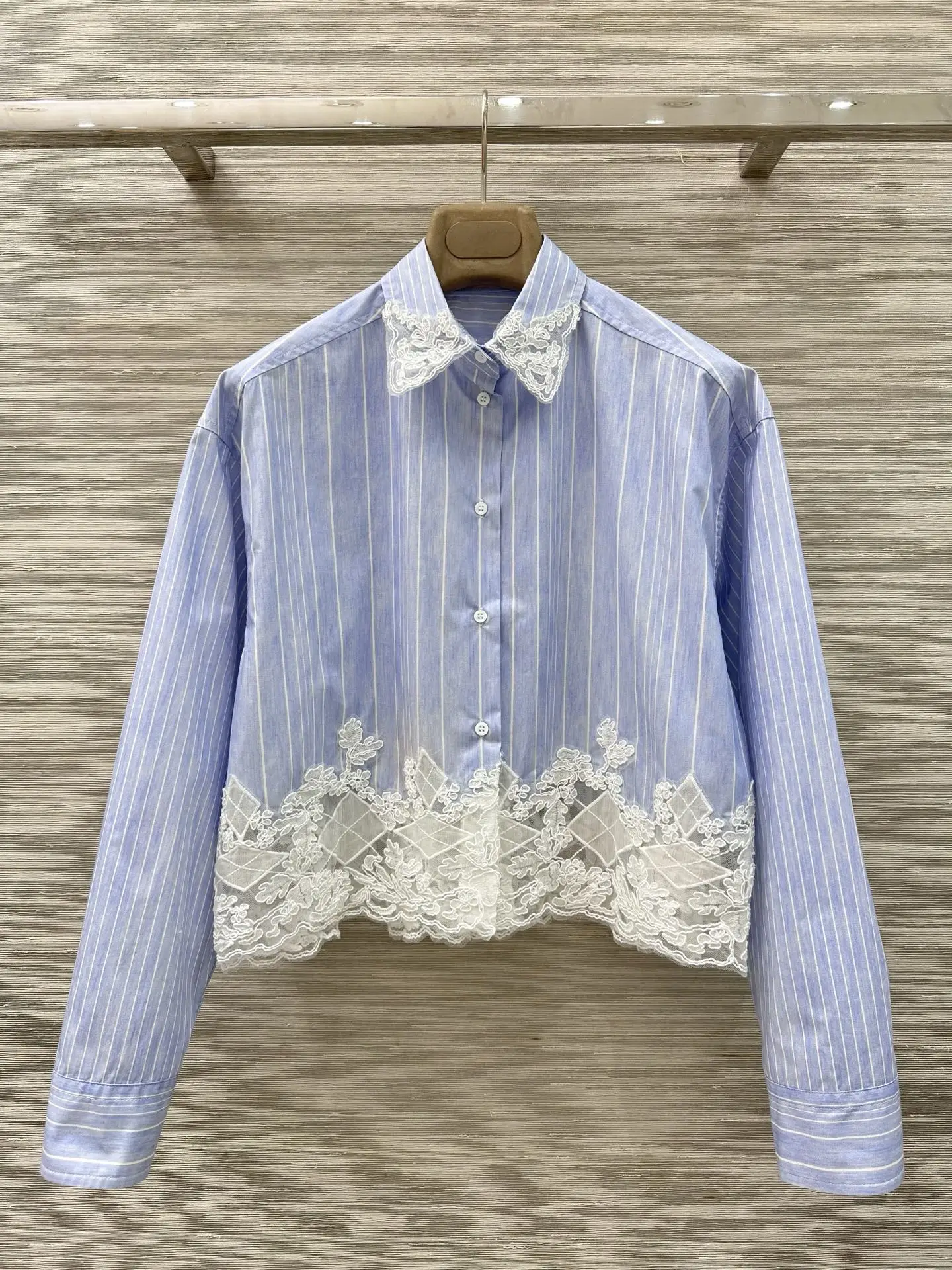 

Women's 100% Cotton Blue Striped Shirt Lace Embroidery Patchwork Turn-down Collar Long Sleeve Single Breasted Elegant Blouse
