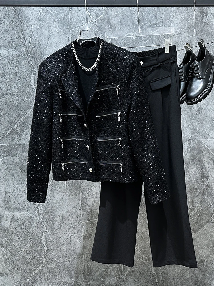 

Heavy-Weighted ort Jaet with Sequins And Zipper for Men Retro Tweed Faionable Trendy Youth Loose Fit Spring Autumn