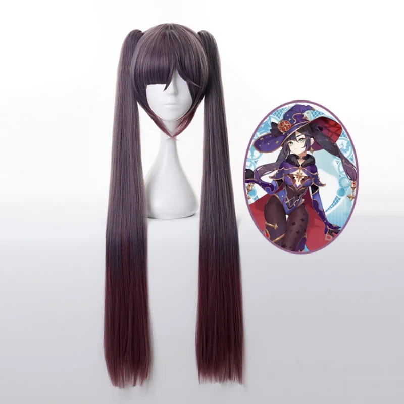 Genshin Impact Cosplay Mona Wig Long Straight Twin Ponytails Bangs Heat Resistant Purple Hair Adult Halloween Role Play Wig Cap