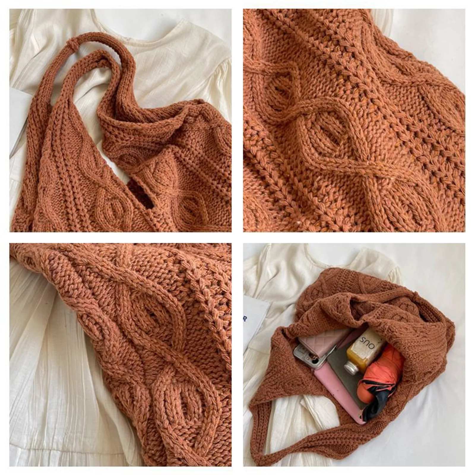 Wool Large Knit Bag Shoulder Shopping Bag For Women Vintage Cotton Cloth Girls Tote Shopper Bag Large Female Handbag Crochet Bag