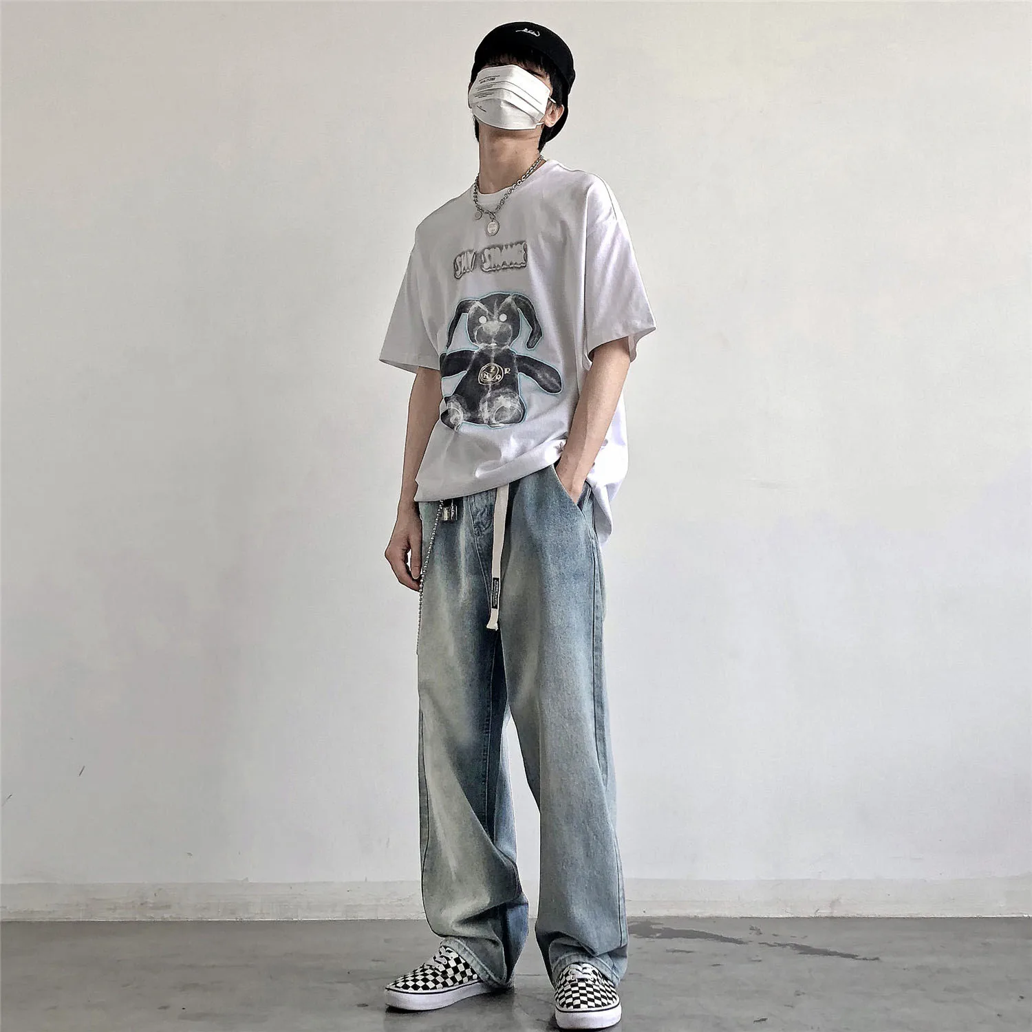 Loose Jeans Mens Floor Dragging Trousers Light Color Straight Tube Washed Retro Made Trendy Brand Youth  PANTS  Wide Leg