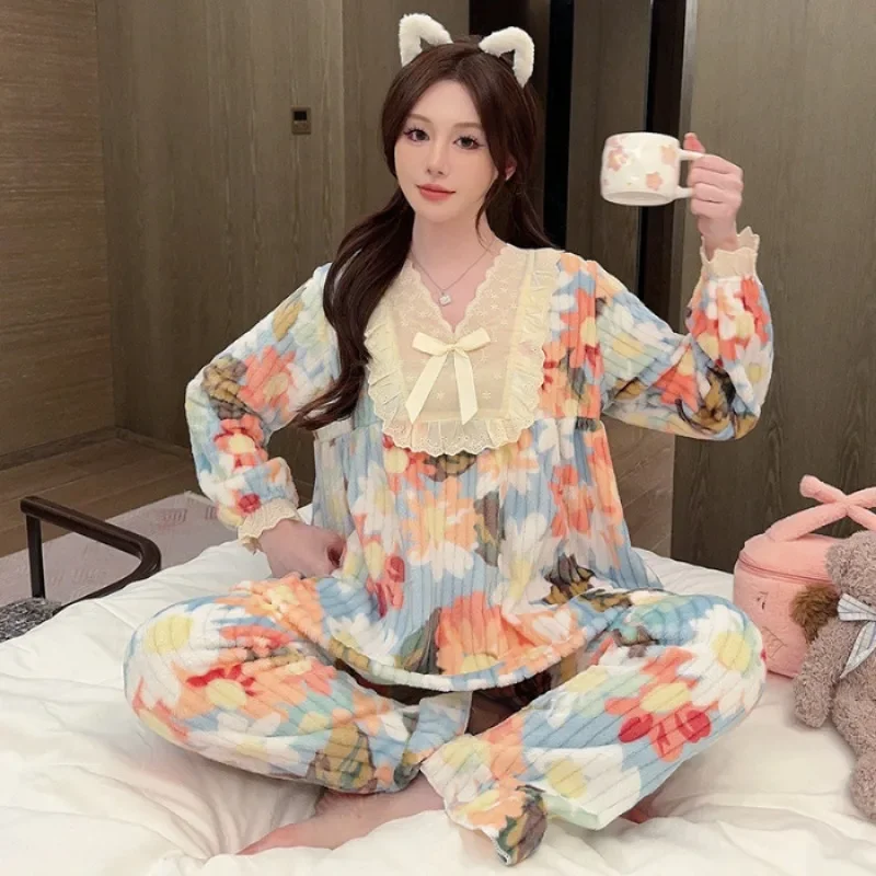 Plus Size Autumn Winter Warm Pajama Set Women Soft Flannel Fleecing Home Clothes Korean Sweet Thick Coral Long Sleeve Sleepwear