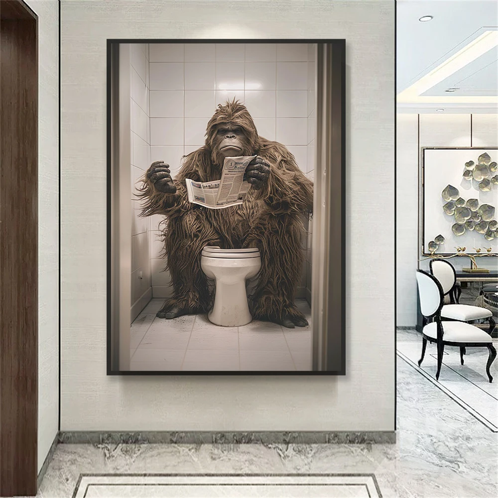 

Black Serious Gorilla Sit on The Toilet To Read Newspaper Wall Art Canvas Printing Decoration Barthroom Children's Gifts