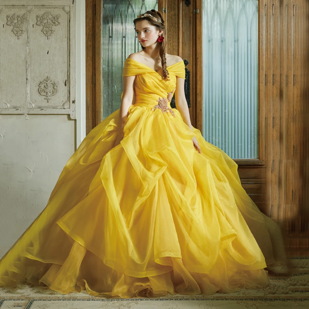 

YALIN Elegant Yellow Prom Gown V-Neck Off The Shoulder Ball Party Dresses Lace Applique Tiered Tulle Princess Evening Dress