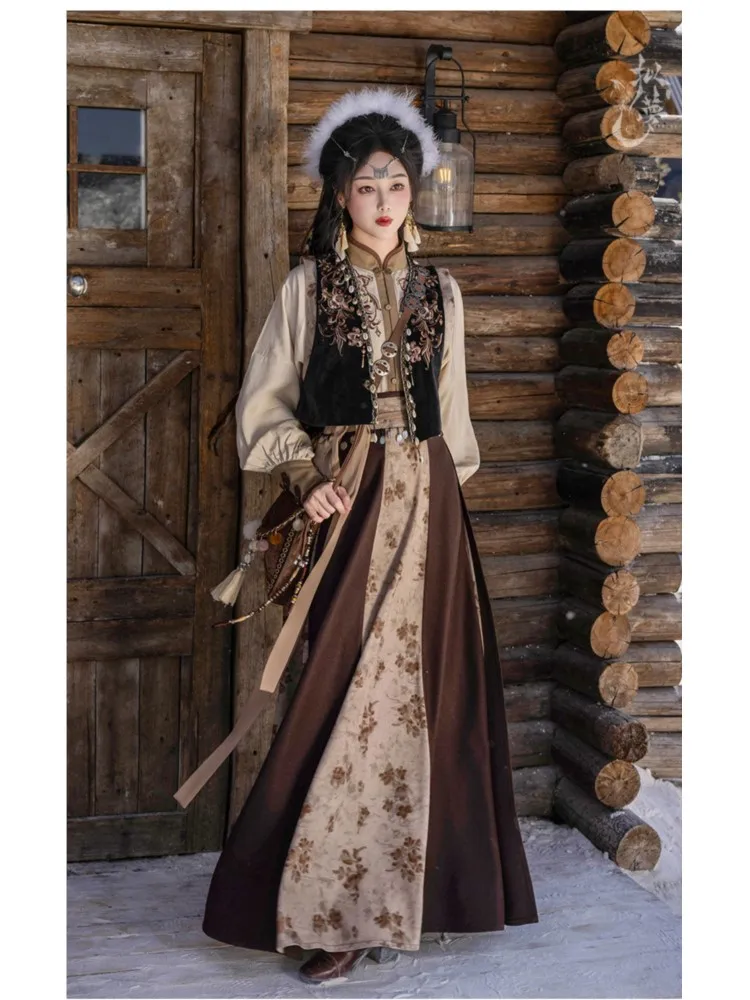 

Backlit double-color wide-hem skirt embroidered stand-up collar shirt ethnic and exotic style clothing