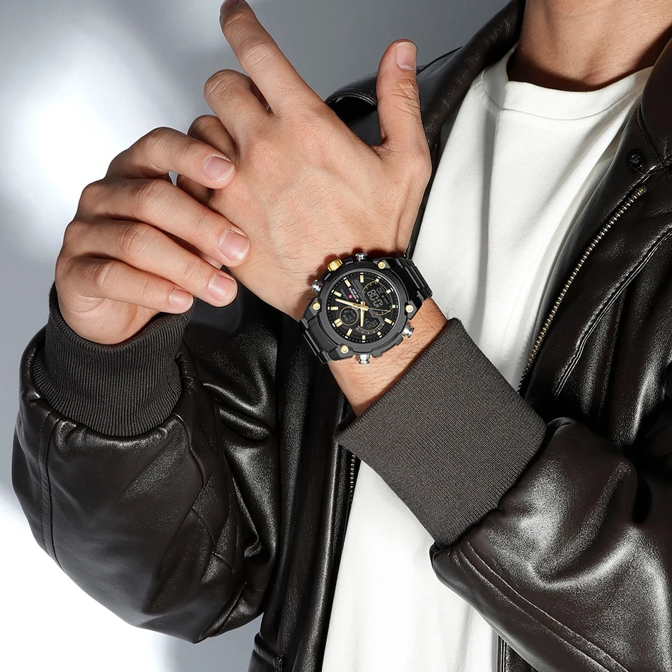 NAVIFORCE Top Brand Male Dual Display Wristwatch Waterproof Multifuntional Watch Luxury Business Fashion Stainless Steel Strap