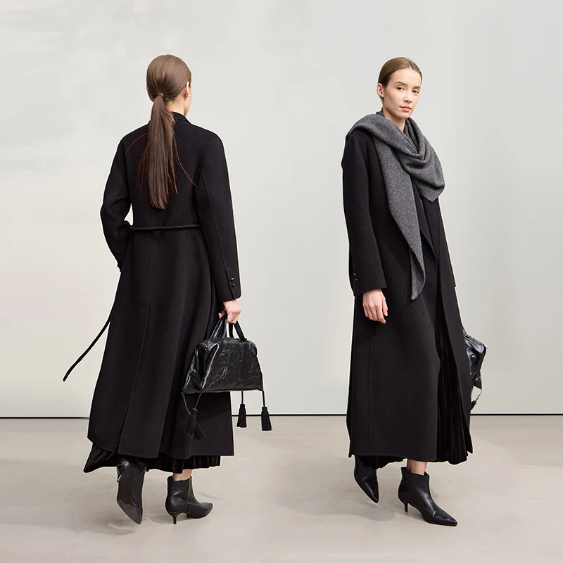 AMII abrigo de lana para mujer 2025 invierno nuevos abrigos largos versátiles para mujer con cinturón 100% chaqueta de Tweed de doble cara de lana 12544044