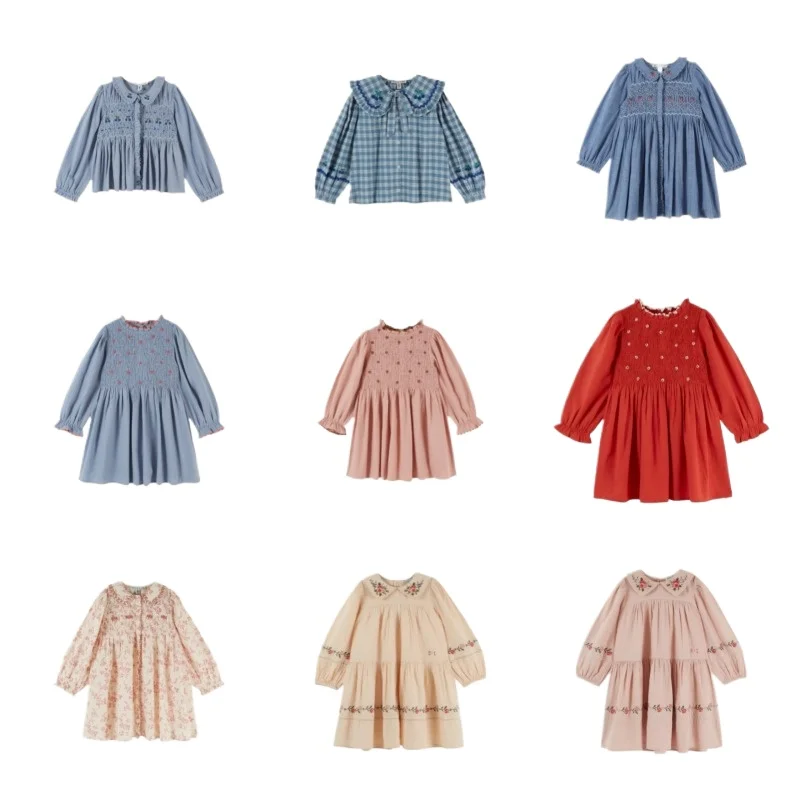 Autumn Girl Casual Dresses Red Floral Smocked Dress for Girls Cherry  Lace Collar Kids Shirts Baby Shirt Roupa Infantil Menina