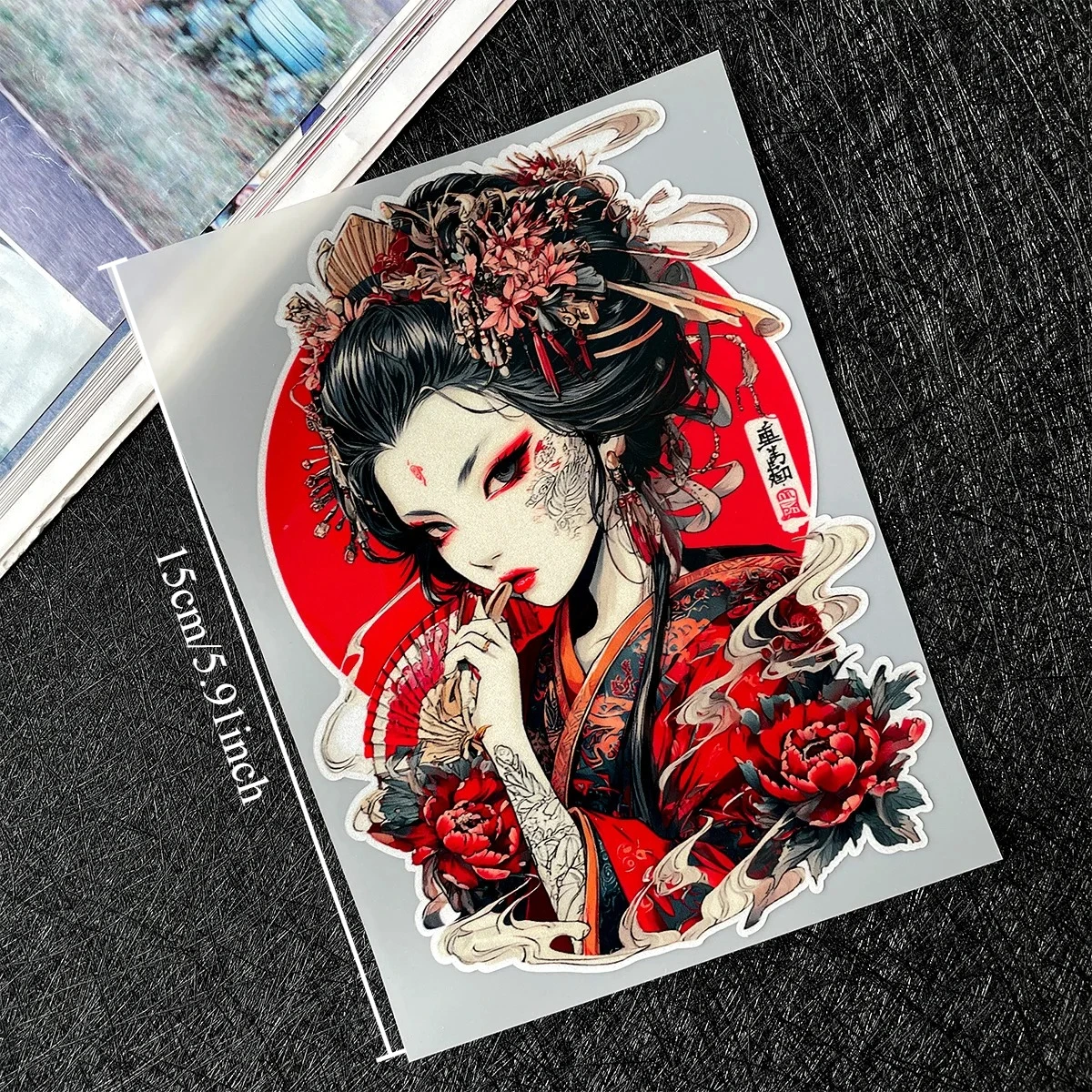 Japanese Geisha Oni Mask Peony Art Waterproof Vinyl Stickers Personalized For Motorcycle Bicycle Helmet Car Body DIY Decor