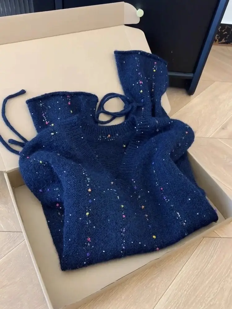 

Корейский вязаный свитер с V-Ne, женский тяжелый рабочий длинный топ с блестками, модный утягивающий осенний дизайн