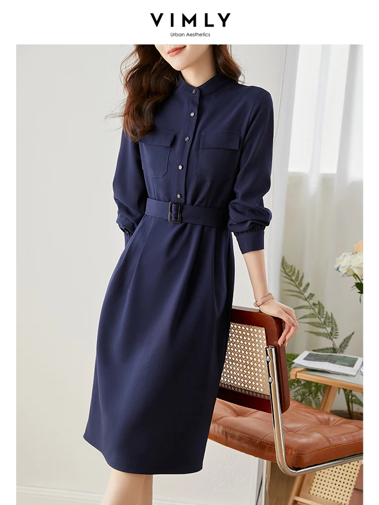 Vimly Elegant Belt Long Sleeve Shirt Dresses for Women 2023 Autumn Fashion Vintage Stand Collar Button Down Dress Clothing V8085