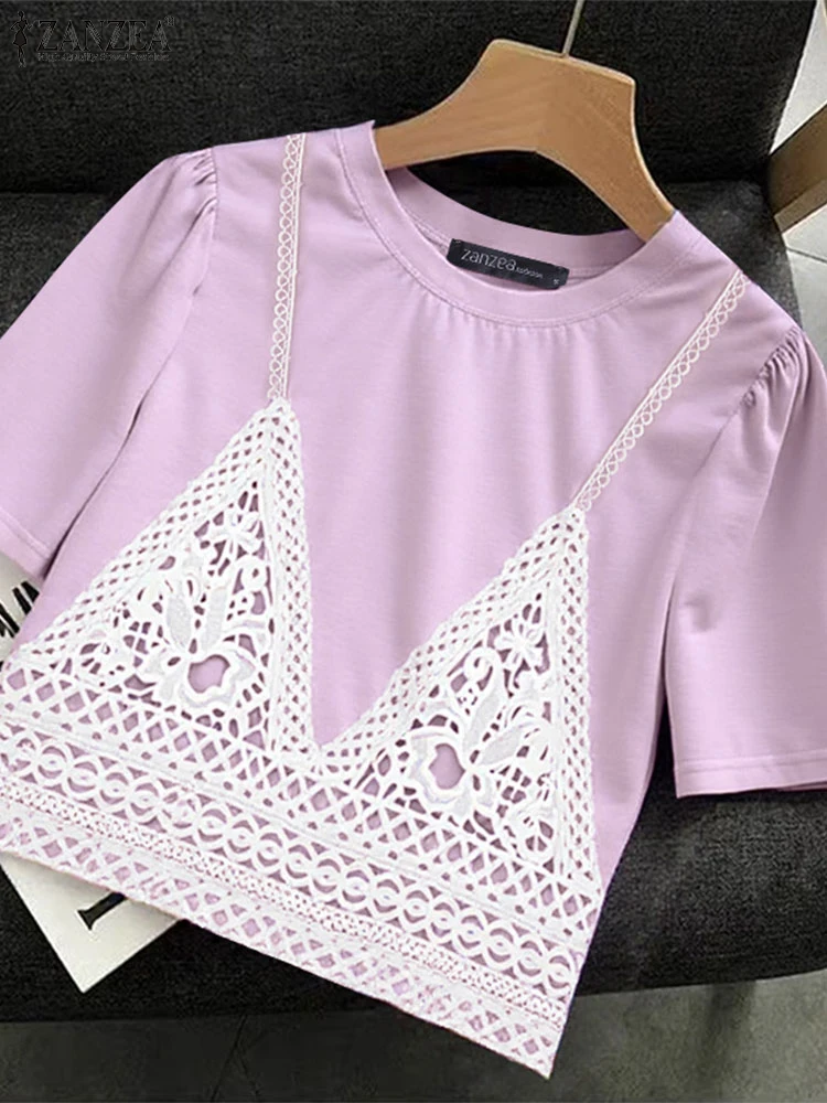 

ZANZEA Women Summer T-shirts 2025 Fashion Fake Two-piece Tees Lace Patchwork Causal Tops Short Sleeve T-Shirts Loose Tops Tunic