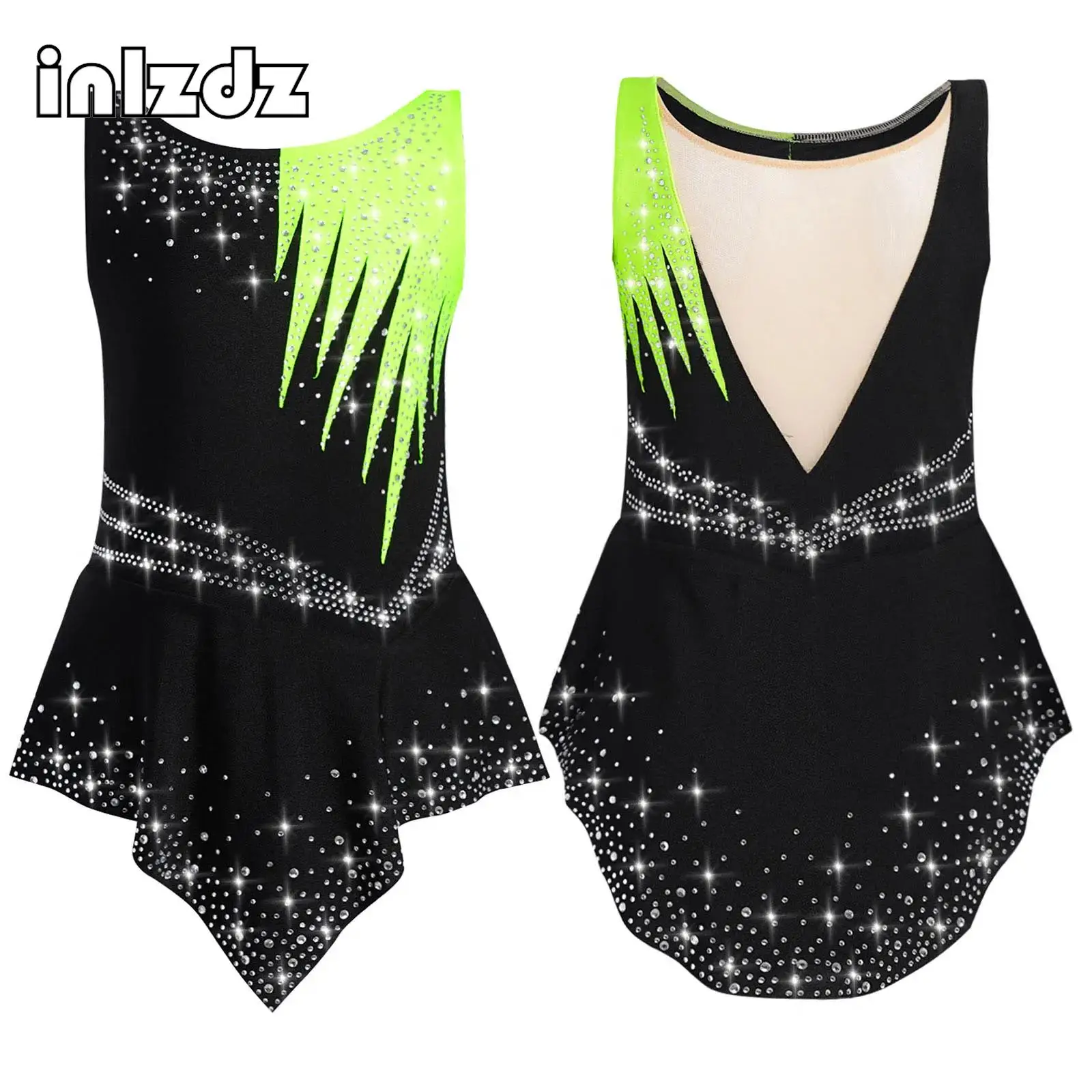 

Kids Girl Rhinestones Rhythmic Gymnastics Ballet Jersey Figure Ice Skating Stage Performance Costume Sleeveless Leotard Bodysuit