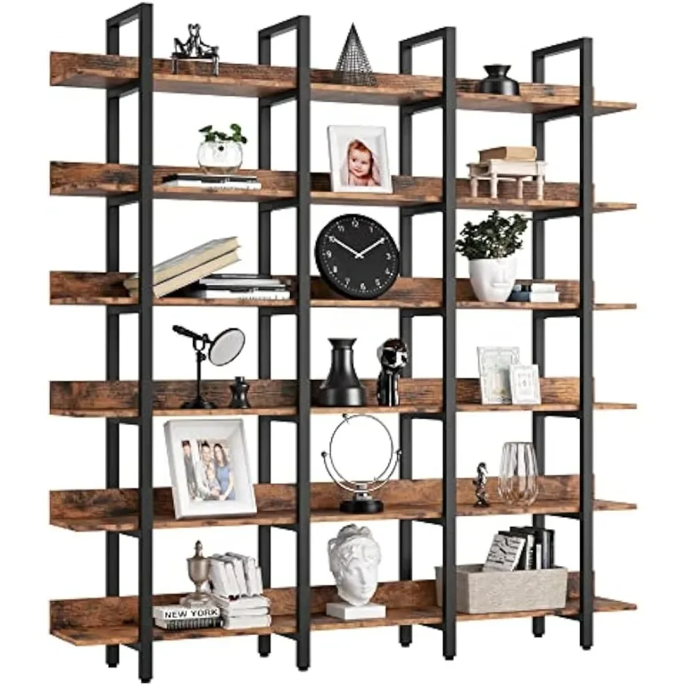 

Bookshelves Triple Wide 6-Tiers Large Open Shelves, Etagere Bookcases with Back Fence for Home Office Decor, Easy Assembly