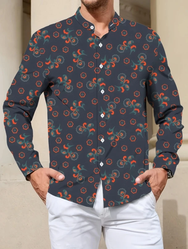 Men's Regular Fit Long Sleeve Shirt with Abstract Leaf Print  All-Season Versatile Casual & Formal Wear, Nontransparent Fabric