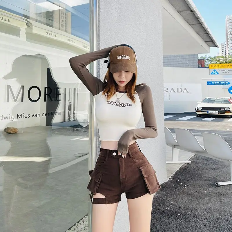 American Khaki Workwear Women's 2025 Summer Slimming Wide-leg A-line Large Pocket High-waist Denim Shorts