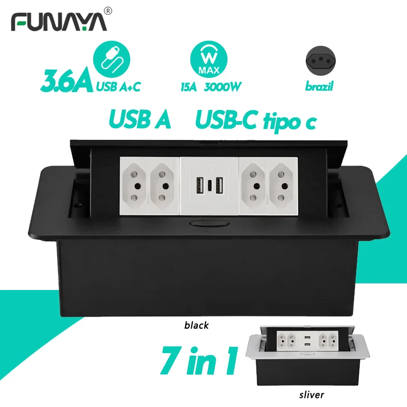 

FUNAYA Brazil Table Pop Up Sockets 16A 4 Outlets 2 USB AC 110~440V Switzerland Alloy Black Electric Built in Hidden Power Socket