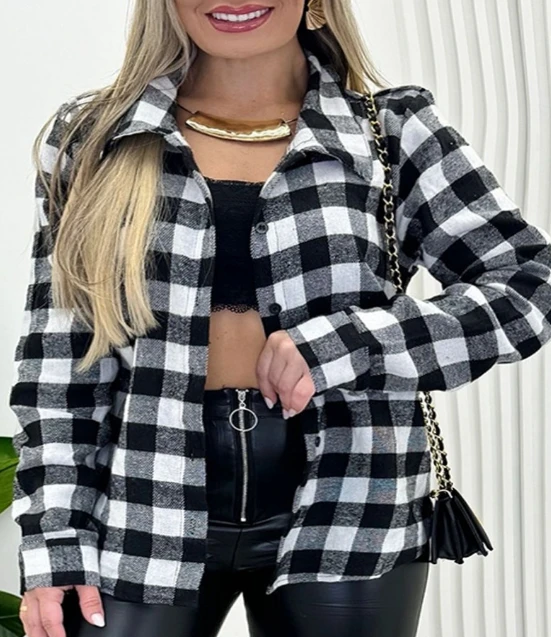 

Women's Retro Checkered Blouses 2024 Autumn Winter Latest Large Basic Checkered Shirt Collar Long Sleeve Cardigan Open Front Top