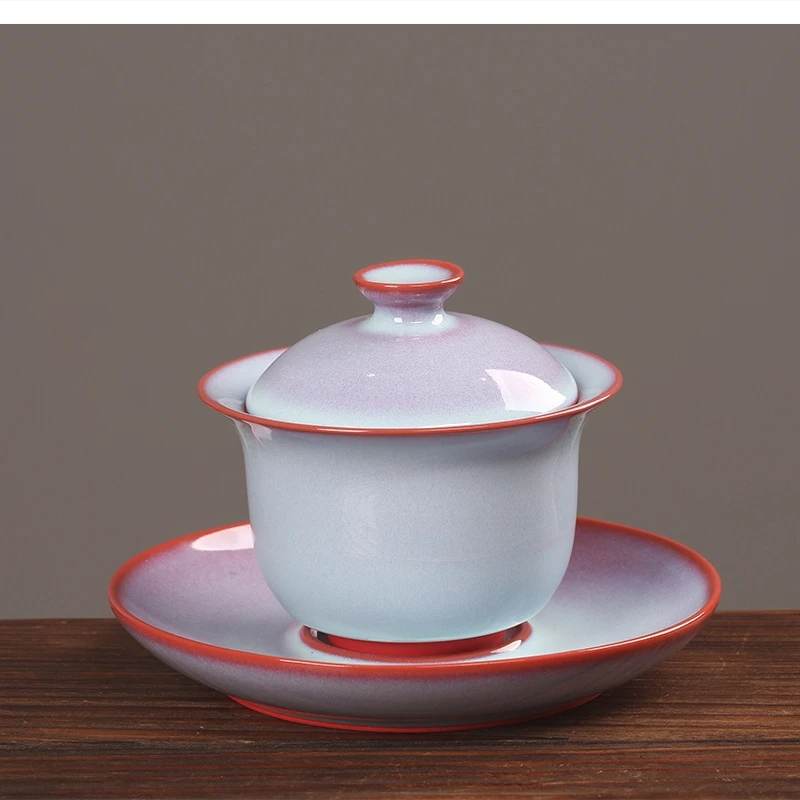 

Chinese high-grade official kiln three gaiwan Single home tea bowl Ironing proof ceramic kung fu set Purple Tureen