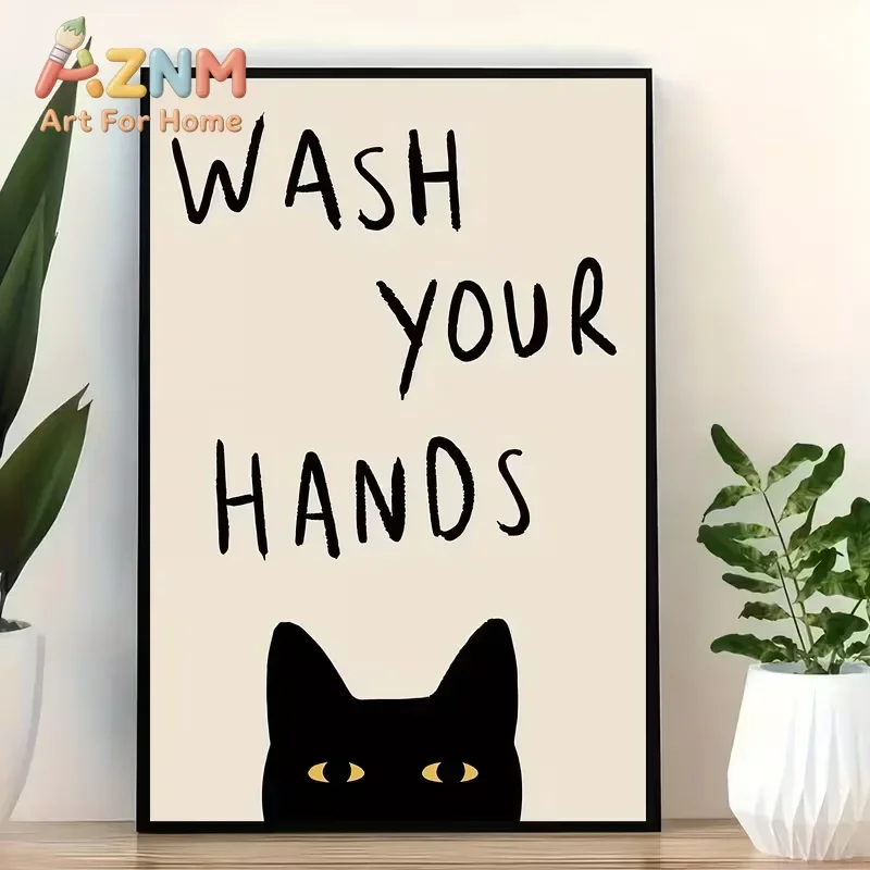 AZNM Funny Black Cat Canvas Wall Art Wash Your Hands Quote Minimalist Cartoon Art Print Unframed Canvas Poster for Bathroom Home