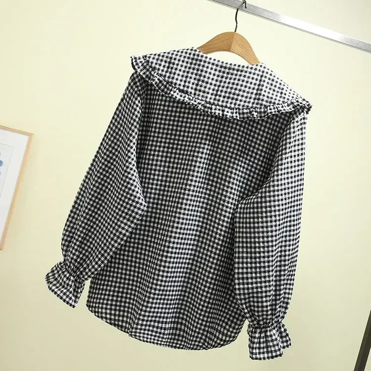 

Women Blouse Spring Black White Plaid Long Sleeve Loose-Fitting Shirt Coat Top Blusas Ropa De Mujer