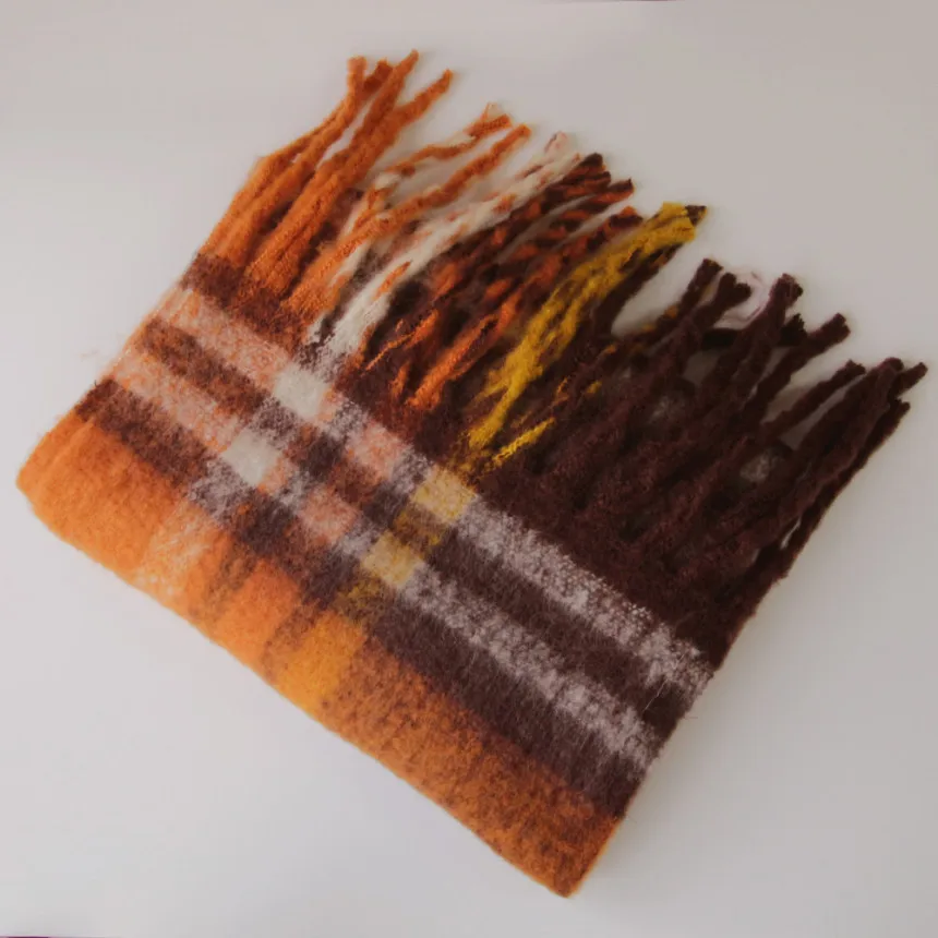 Women's Vintage Plaid Tassel Scarf Orange Brown Thick Fluffy Mohair Shawl Wrap Warm Autumn Winter Fringed Blanket Scarf