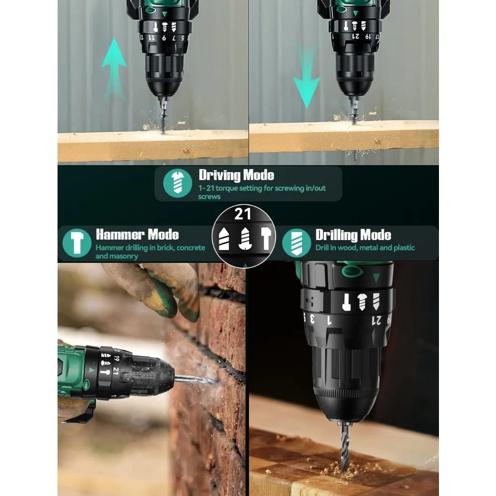 20Vコードレスハンマードリルセット、バッテリー2個付き、トルク350インチポンド、3/8インチキーレスチャック、コンクリートと木材用ビット14個付き