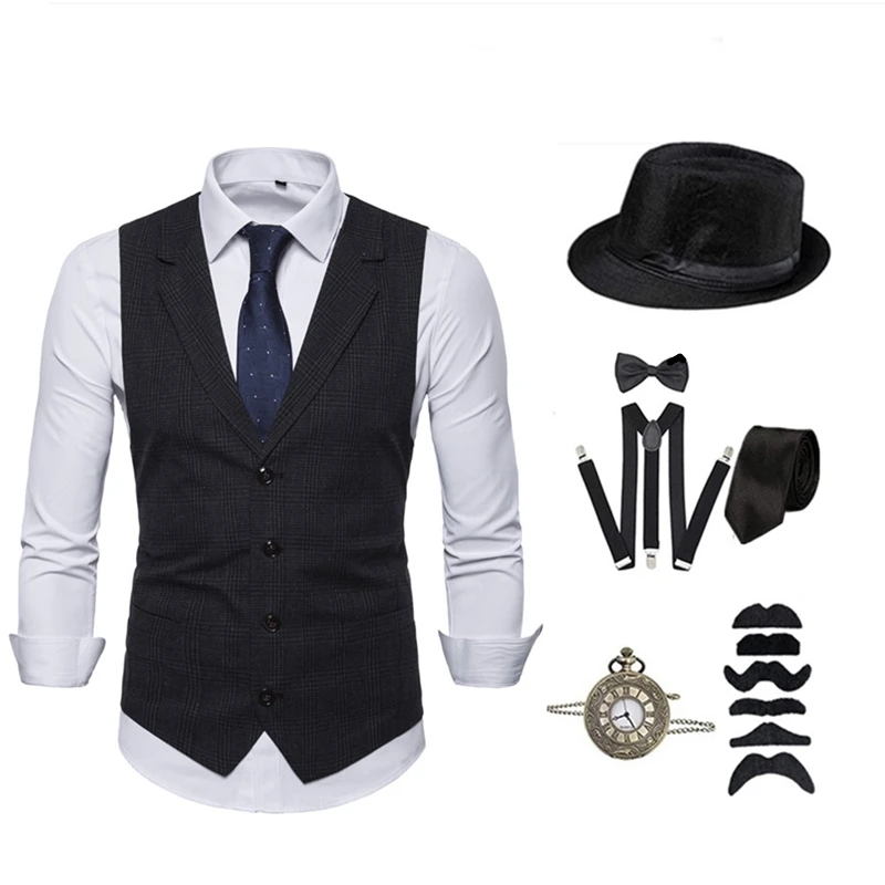 1920s Mens Great Gatsby Cosplay Costume Suit Men Gangster Party Props Hat Cigar Suspender Pocket Watch Accessories vest Set