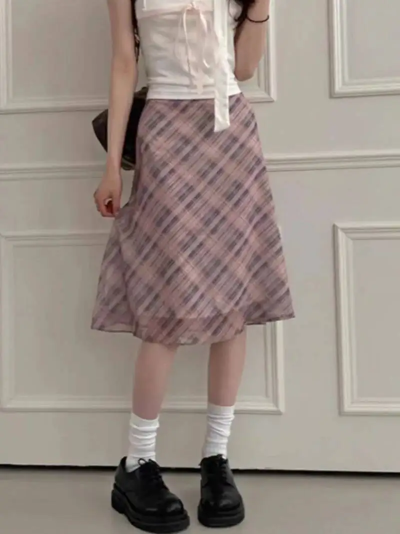 Sweet Skirts Chic Plaid Mini Skirt High Waist A-Line Korean Sle Commute Spring New Arrival Women's Fashion Mid-Length Skirts I3G