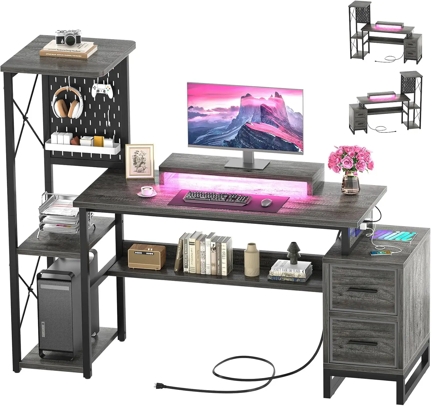 

Computer Desk with 2 Fabric Drawers - Reversible Home Office Desk with Power Outlet & LED Lights, 53" Writing Desk with Monitor