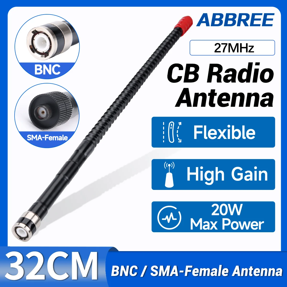 

ABBREE CB Radio Antenna 27Mhz SMA-Female BNC Whip High Gain Antenna for Quansheng UV-K5 8 TK11 UV-98 PLUS RT-860 Walkie Talkie