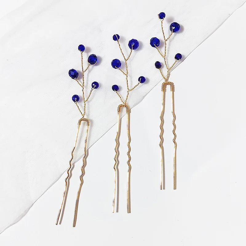 3 قطعة دبابيس الشعر اللؤلؤ حلية شعر U-شكل شوكة الزفاف إكسسوارات الشعر مقاطع الشعر دبوس الشعر اللون الأزرق مطرز الشعر عصا