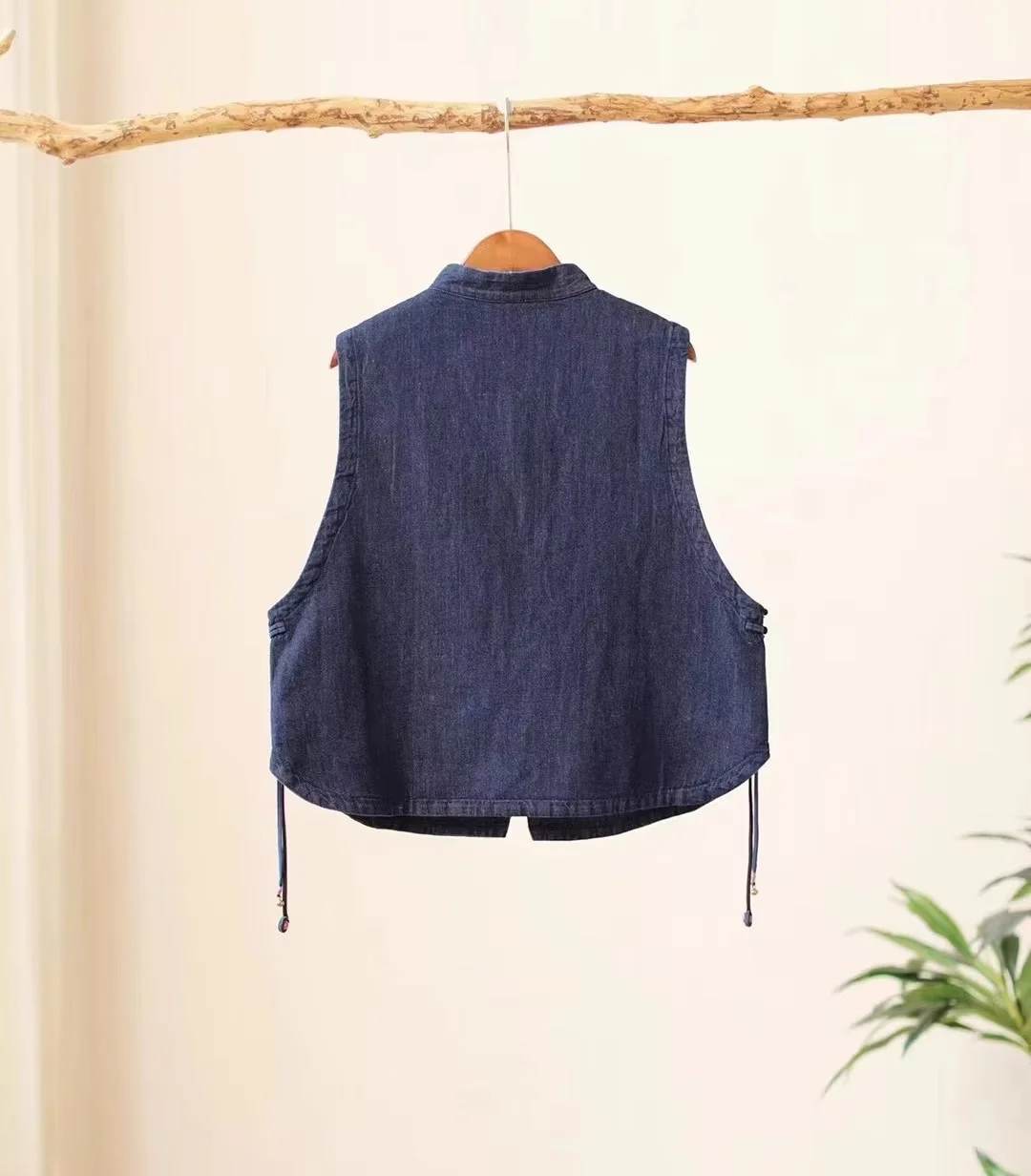National style denim vest Vintage embroidered stand collar blue cotton linen Short tops high quality floral casual women vest