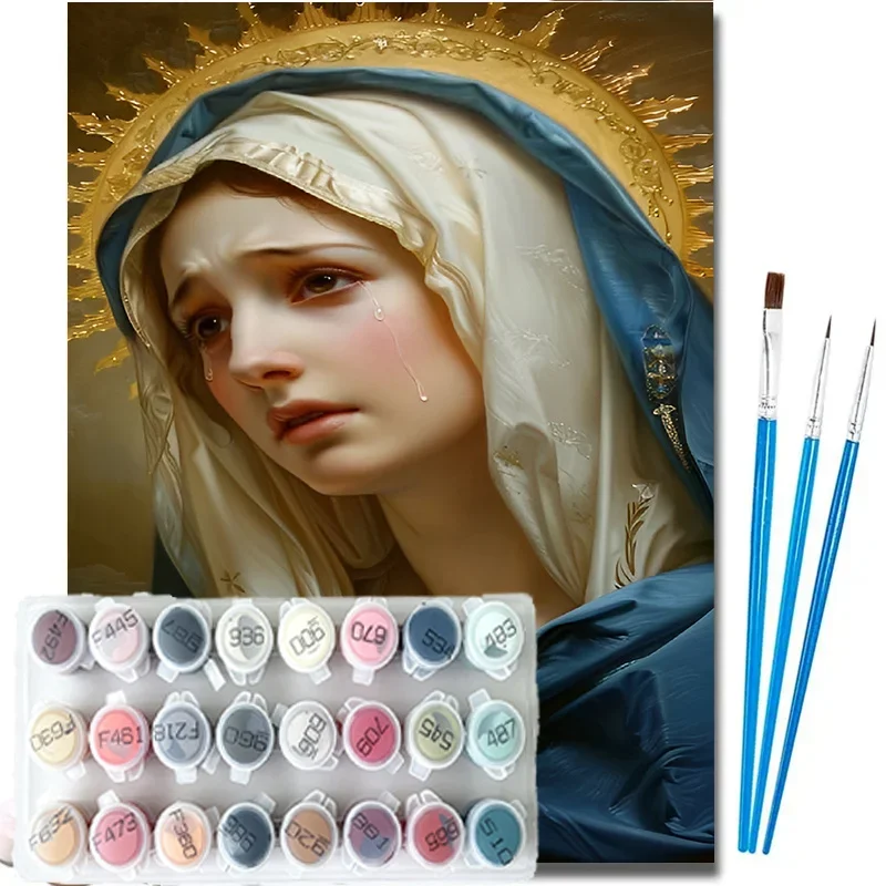 A DIY Paint-by-numbers Kit for Adult Beginners, Featuring the Seven Sorrows of the Virgin Mary in a Tearful Prayerful Pose with